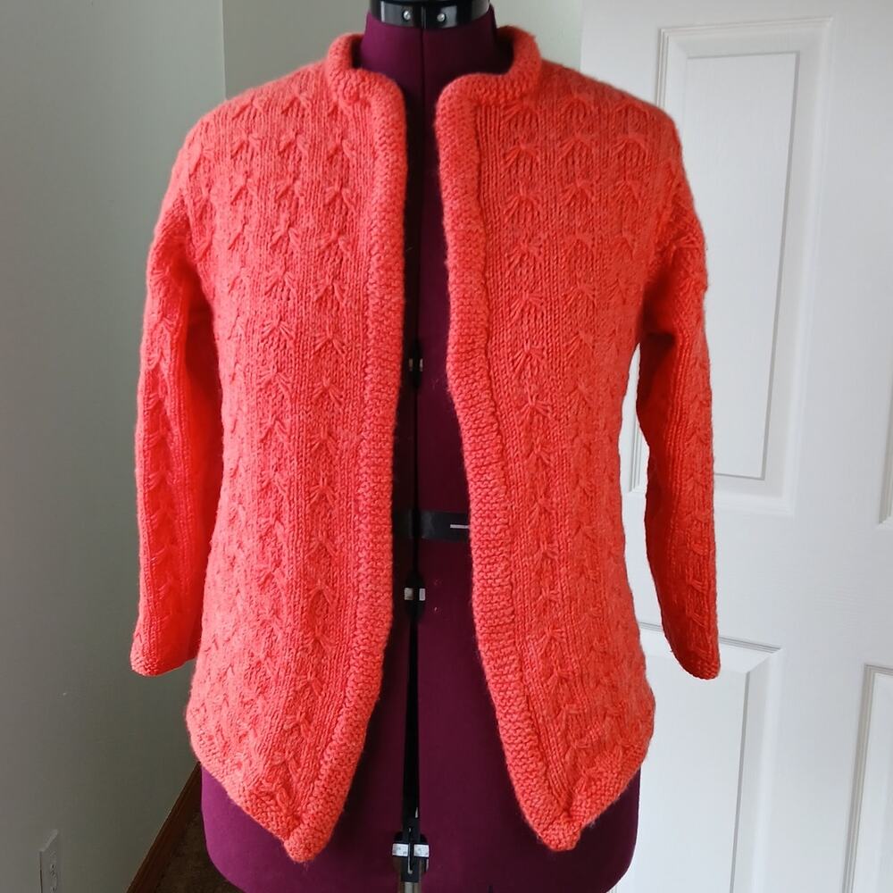 Coral Handmade Vintage Open Front Wool Cardigan Medium chunky knit long sleeve - Picture 5 of 13